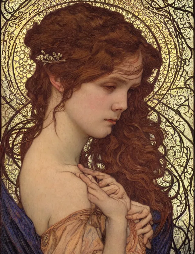 Image similar to detailed realistic beautiful young medieval queen face portrait by jean delville, alphonse mucha, vincent van gogh, and marco mazzoni, art nouveau, symbolist, visionary, gothic, pre - raphaelite
