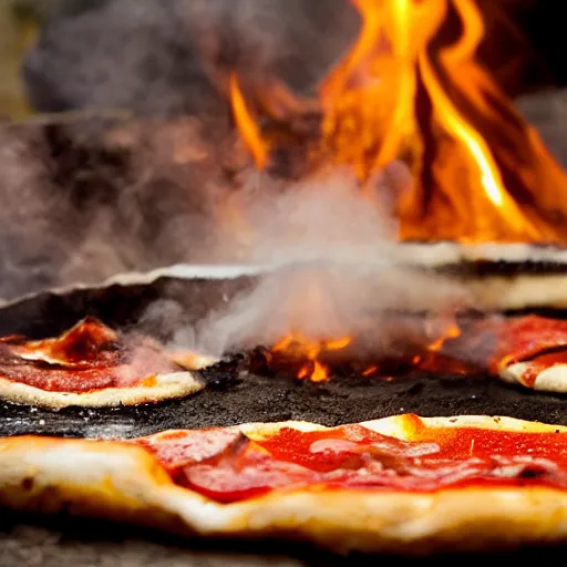 Image similar to burning! neapolitan! pizza! margherita!!, volcano, night, smoke, fire, flames