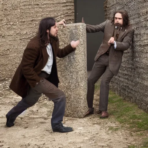 Image similar to Photograph of a stern man wearing a brown tweed coat. He is pointing his handgun towards a frightened young man with long hair against a stone wall. 4K, dramatic lighting