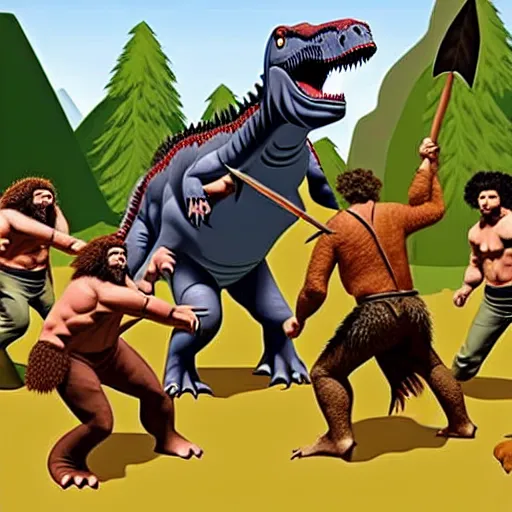 Prompt: A large dinosaur! fighting with several realistic detailed cavemen with proportioned bodies, next to the dinosaur are cavemen, the cavemen are armed with spears, the caveman are in a fighting stance, the cavemen are wearing animal furs, one caveman is stabbing the dinosaur with his spear, one caveman is cowering in fear, coarse canvas, visible brushstrokes, intricate, extremely detailed painting by Giorgione (and by Greg Rutkowski)