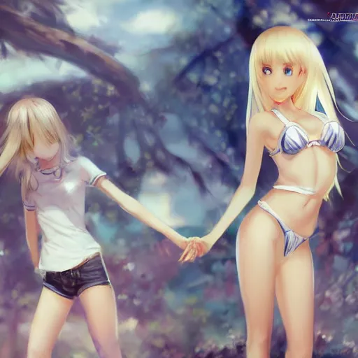 Image similar to tiny father a tall daughter picture : a very beautiful young blond anime girl, sky blue eyes, bikini, white miniskirt, highly detailed, cinematic wallpaper by stanley artgerm lau