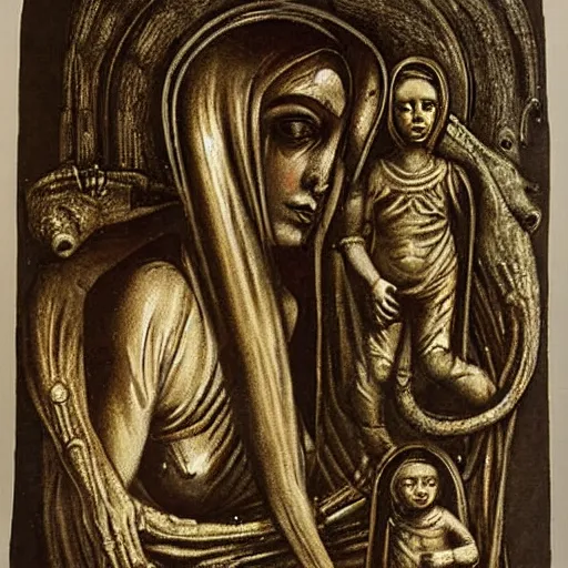 Image similar to h. r. giger's the madonna and child