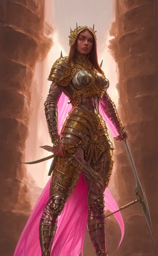 Prompt: Gothic muscular warrior queen in pink and gold mythical heavy armor of thick steel plates, fantasy, highly detailed, digital painting, artstation, concept art, smooth, sharp focus, illustration, art by artgerm and greg rutkowski and alphonse mucha