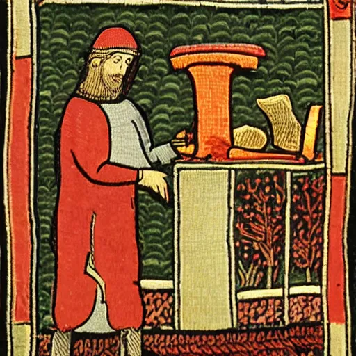 Image similar to Medieval tapestry art of a man buying a cheeseburger in a McDrive