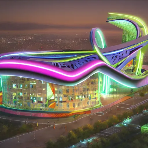 Image similar to Treble clef shaped building, modern, neon, futuristic, hyper realistic, trending on artstation, highly detailed, 8K IMAX, beautiful, digital art