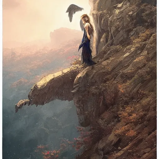 Image similar to angel protecting man falling from a cliff, detailed intricate ink illustration, happy atmosphere, detailed illustration, hd, 4k, digital art, overdetailed art, by greg rutkowski, by loish, complementing colors, Trending on artstation, movie poster style