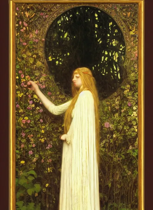 Image similar to galadriel of lothlorien, art by thomas cooper gotch and lawrence alma - tadema