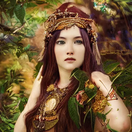 Image similar to An extremely beautiful pre-raphaelite ornate portrait of a very beautiful Dayak native, ultradetailed, intricate, elegant, digital art painting, smooth, sharp focus, magazine art cover illustration, regal, award winning picture, extremely detailed masterpiece, sense of awe, featured on Artstation, Artgerm, ethereal bubbles, Aetherpunk, atmospheric lightning, Exquisite floral details, 8K detail post-processing