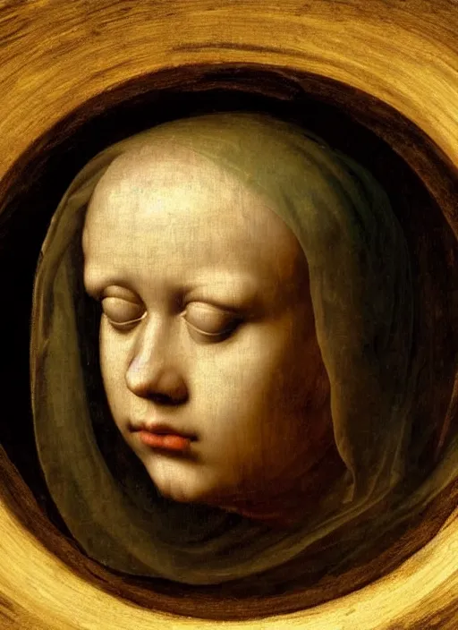 Image similar to renaissance painting of a weeping face enclosed in a circular cloud, painted by raffaello