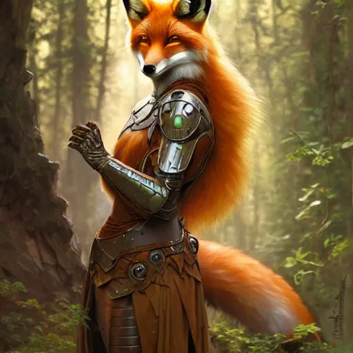 Image similar to photo of a humanoid fox were a heroic dress an armour in the forest, long hair, highly detailed, digital painting, artstation, smooth, sharp focus, illustration, art by artgerm and greg rutkowski and alphonse mucha