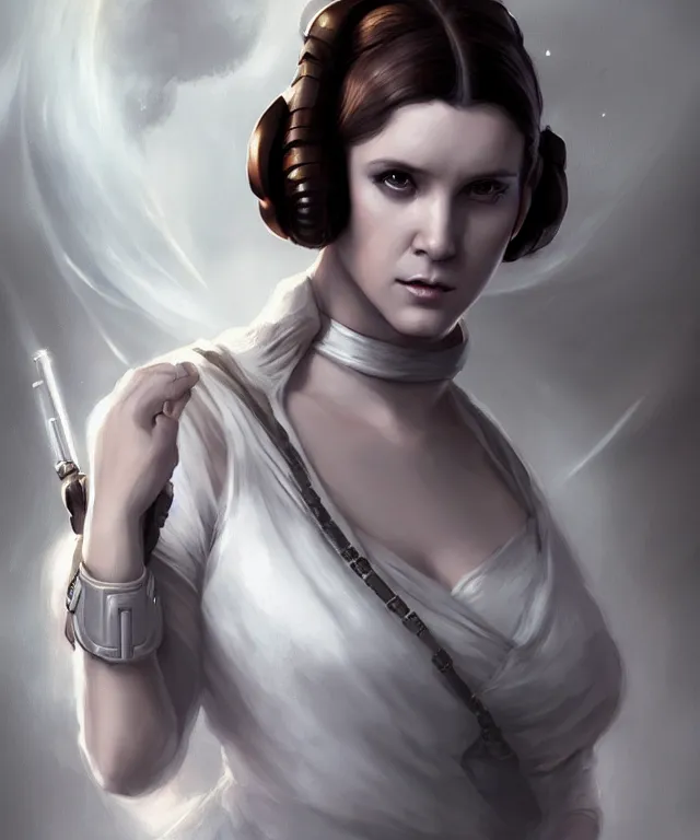 Prompt: princess leia by charlie bowater and titian and artgerm, full - body portrait, intricate, face, space, elegant, white mist, beautiful, highly detailed, dramatic lighting, sharp focus, trending on artstation, artstationhd, artstationhq, unreal engine, 4 k, 8 k