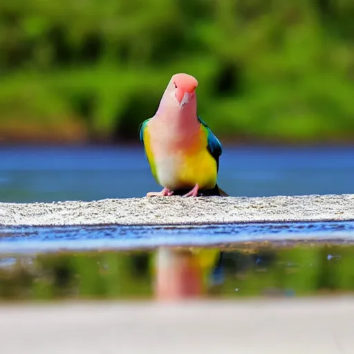 Image similar to lovebird sitting at shore, reflective, sunny day, landscape photography, nature