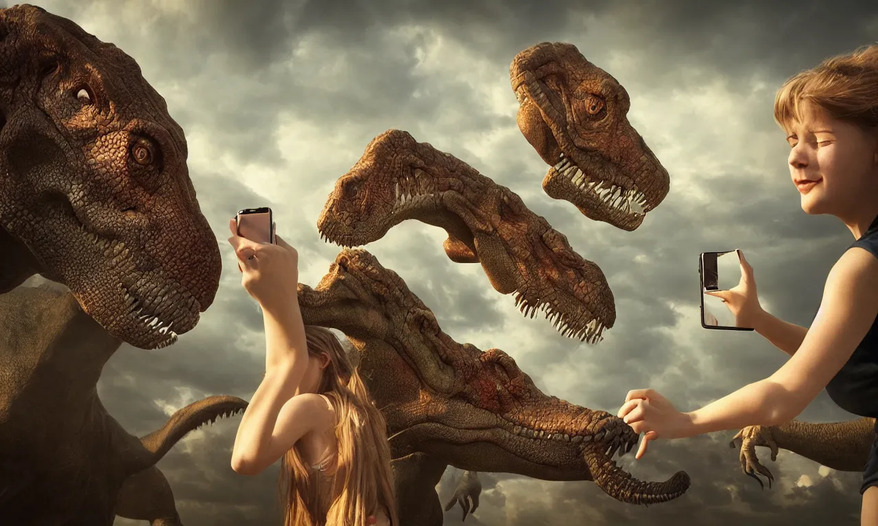 Image similar to portrait of a girl making selfie with her beloved tyrannosaurus, high detail, raytracing, back light, digital art, raymarching, by zdenek burian