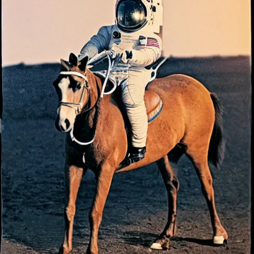 Image similar to A photograph of a horse riding an astronaut