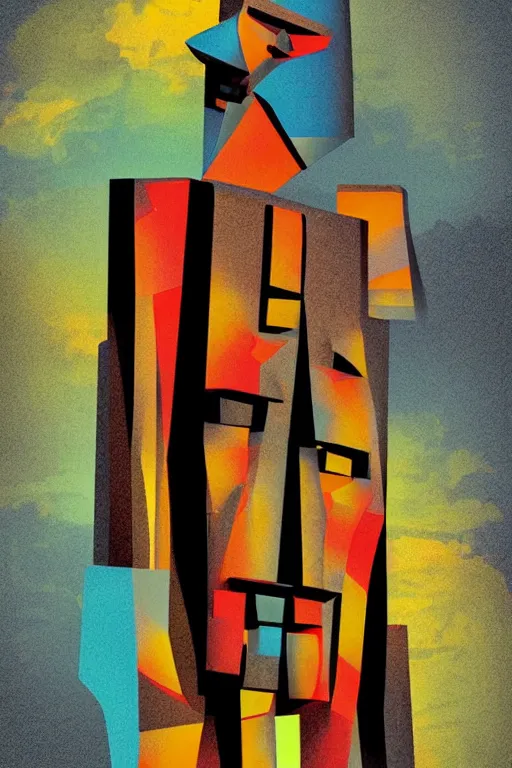 Image similar to cubist moai statue cutout digital illustration cartoon colorful beeple