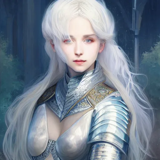 Image similar to portrait white hair knights of Zodiac girl, Sliver ice color reflected armor, in ruined Agora of Athens Sunrise, ssci-fi and fantasy, intricate and very very beautiful and elegant, highly detailed, digital painting, artstation, concept art, smooth and sharp focus, illustration, art by tian zi and WLOP and alphonse mucha