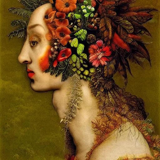 Image similar to a beautiful profile portrait of a beautiful female, leaves, by giuseppe arcimboldo,, psychedelic, surreal, dreamlike, environmental friendly, nature.