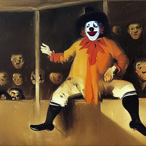 Image similar to an oil painting of a clown watching soccer, goya, dark,