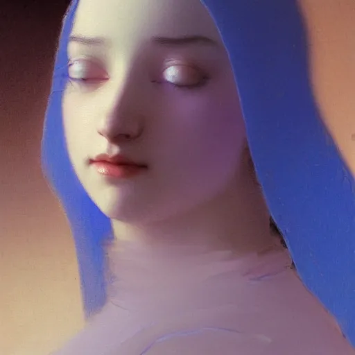 Image similar to a young woman's face, her hair is white and she wears a cobalt blue satin cloak, by ivan aivazovsky and syd mead and moebius and gaston bussiere and roger dean and pieter claesz and paul delaroche and alma tadema and aelbert cuyp and gabriel metsu, hyperrealistic, volumetric light, octane render