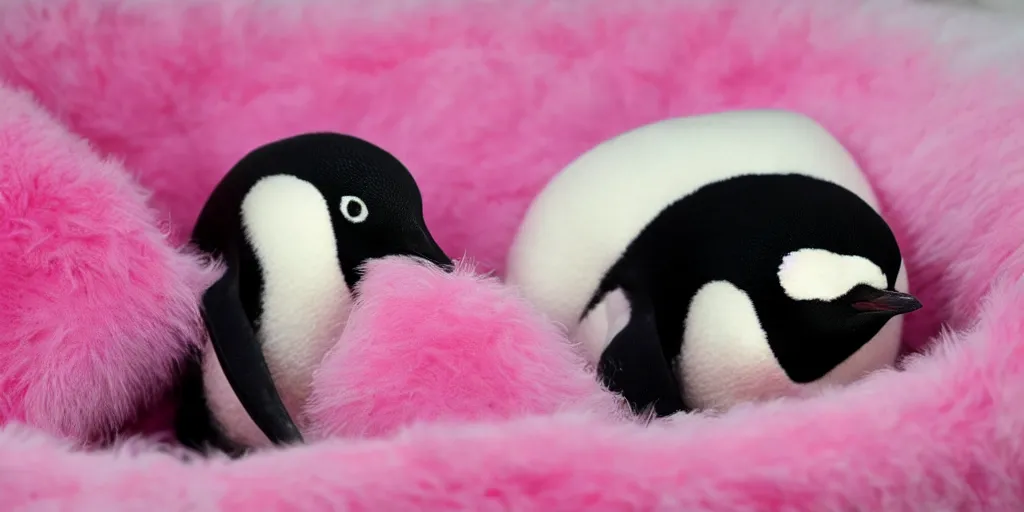 Image similar to realistic penguin sitting in an pink fluffy bed