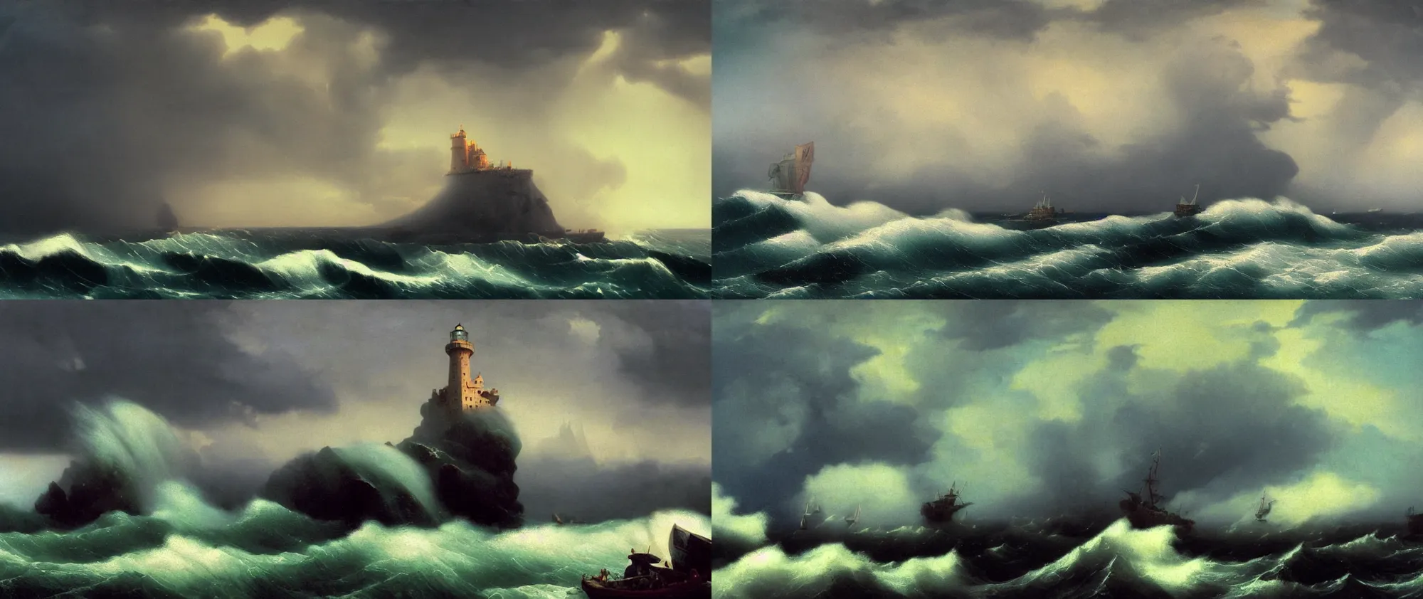 Prompt: closeup of giant waves breaking against rocks, harbor, medieval castle, lighthouse, galleon, ships, lightning, storm, eerie sky, evil sky, shimmering iridescent water, in the style of Hovhannes Aivazovsky, Zdzislaw Beksinski and Canaletto, highly detailed, soft lighting, film grain, medium format, 8k resolution, oil on canvas