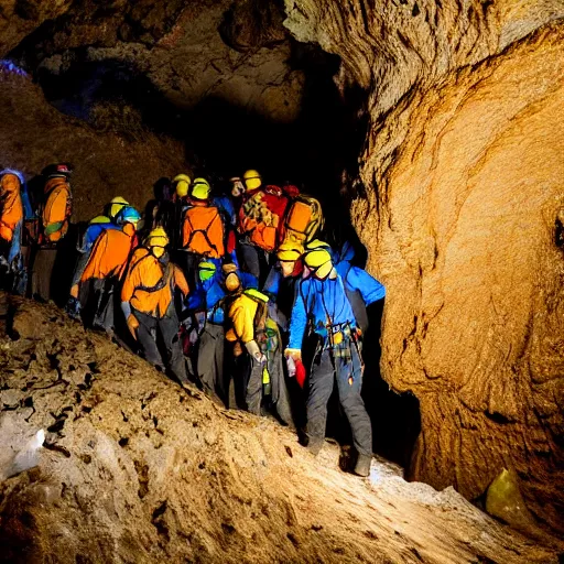 Image similar to photo of spelunkers in caving gear exploring a narrow beautiful cave full of gleaming geodes, crystals, and gemstones. professional journalistic photography from national geographic.