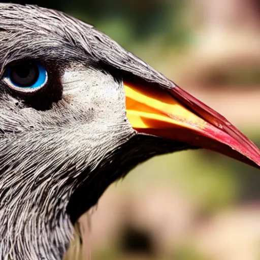 Prompt: a large bird, human teeth in the beak