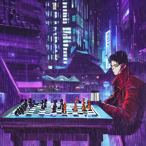 Prompt: high detailed person playing chess in a cyberpunk rainy city at night by josan gonzalez, purple and blue neons, unreal engine, high quality, 4 k, uhd, trending on artstation, wires, blade runner vibes, ghost in the shell, akira, dorohedoro