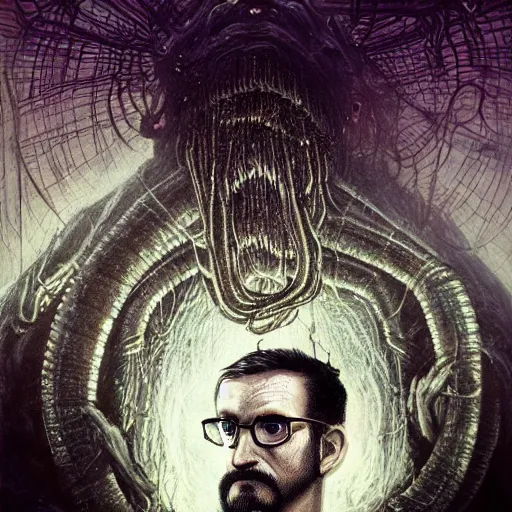 Image similar to lovecraftian gordon freeman, surrounded by beams of light dark background by wayne barlow, stanley donwood, anton semenov, zdzislaw bekinski, hr giger, 8 k, fantasy, dark, highly detailed