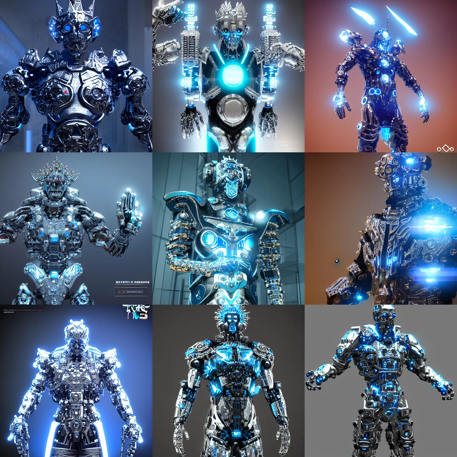 Prompt: cybernetic god king from artstation, gta 5, diamond hands, intricate abstract, photorealistic, blue reflective metal skin, unreal engine 5 tech demo