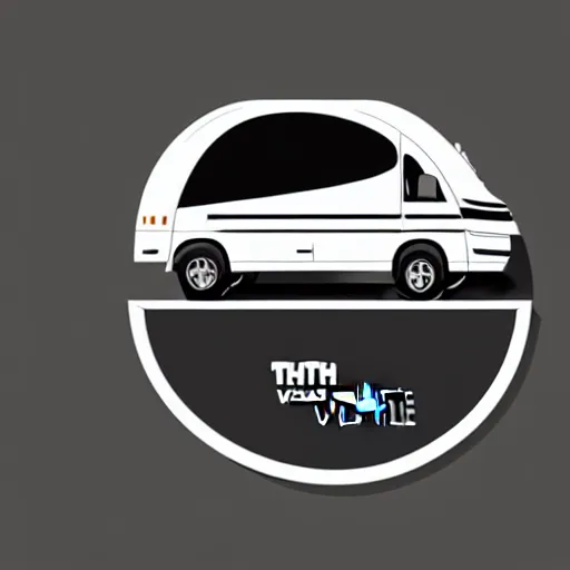 Image similar to very very very minimal vector graphic of a white and black thor chateau motorhome, color highway, mountains and sunset!!, all enclosed in a circle, white background, dramatic, professional minimal graphic design cartoon, award winning