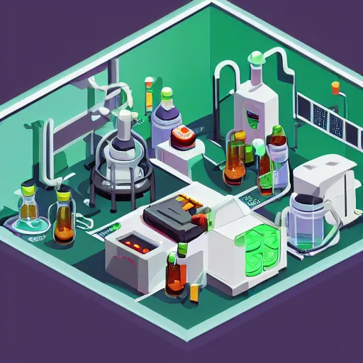 Prompt: isometric game asset of a chemical lab, in gouache detailed paintings, props, stylized, 2 d sprites, kitbash, overwatch, white and light green color scheme, 8 k, close up