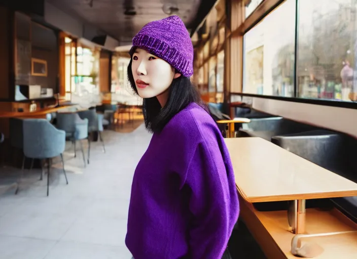 Image similar to young adult korean woman in a coffee shop wearing a beanie and a purple sweater designed by zaha hadid, natural light, magazine photo, 5 0 mm