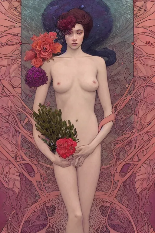 Image similar to portrait of a beautiful mysterious woman underwater, hidden hands holding a bouquet of flowers, corals and fish, by eve ventrue, michael carson, andreas rochas, john watkiss, casey weldon, artgerm. art nouveau. tarot card by mucha. gloomhaven. swirly intricate linework background. gaudy colors, sharp edges. octane render