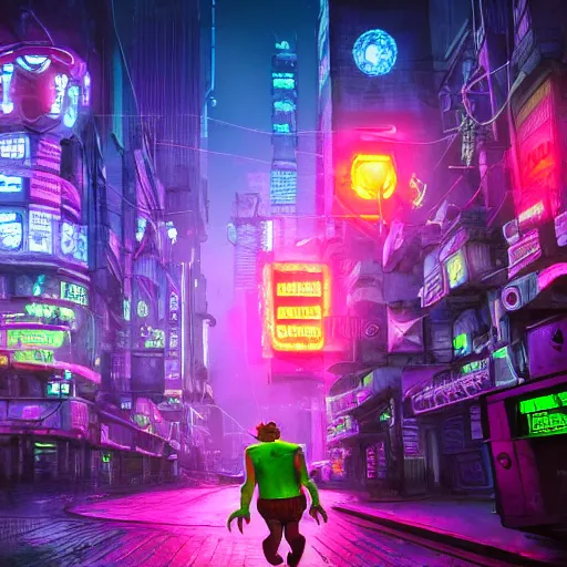 Image similar to Shrek, Cyberpunk, Neon lights, City background, Ultradetailed, Cyborg, Futuristic, Far Future, Sci-fi, 4k