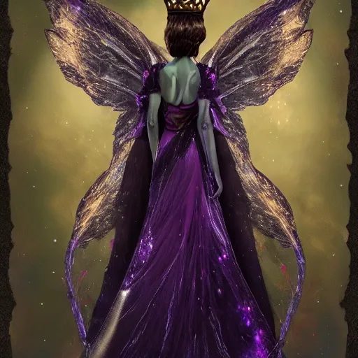 Image similar to detailed portrait of a dark fairy queen with wings holding a silk cloth wearing a robe, crown, pixie, iris, realism, emerald, galaxy, sapphire,dark purple crown,leaves, moonlit, dark fantasy, dramatic lighting, cgsociety, artstation