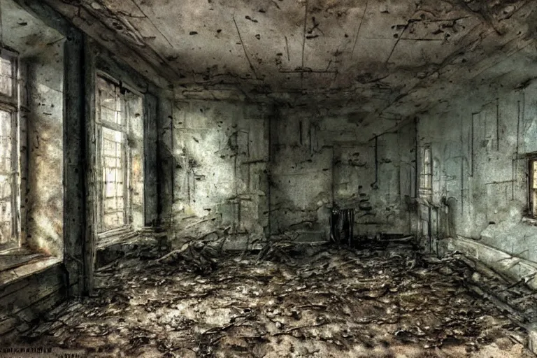 Image similar to matte paint andrey Tarkovsky stalker movie abandoned building interiors,