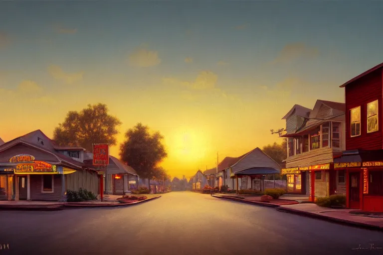 Image similar to a detailed cinematic render of a utopian 1 9 5 0 s american neighborhood at sunset by steven outram, photoreal, 4 k, technicolor