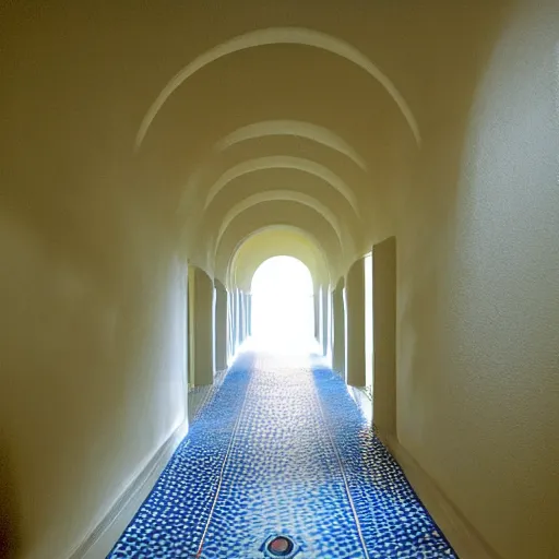 Image similar to Beautiful Fuzzy wide-eye-lens 15mm, harsh flash, cameraphone 2002, Photograph of an tiled infinite foggy foggy foggy liminal pool pool hallway hallway hallway with archways and water on the floor, mirrored