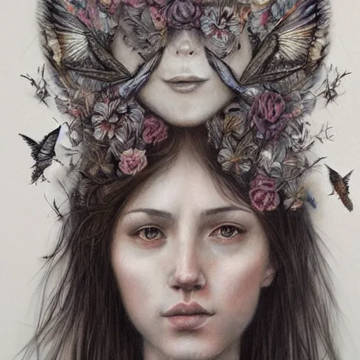 Image similar to an intricate detailed women portrait with birds by marco mazzoni