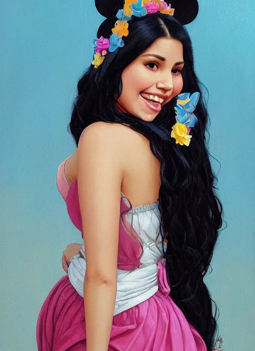 Prompt: beautiful thirty year old woman with long black hair, tan skin, curvy hourglass figure, round cute face, slight resemblance to selena gomez and demi lovato wearing a colorful frilly disney princess dress and mickey mouse ears. she has a friendly smile. beautiful painting by artgerm and greg rutkowski lois van baarle and bouguereau