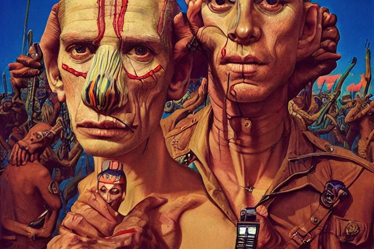 Image similar to 35mm color, humans enslaved, fascist police, portrait, fashion shoot, freak show, weird, random, strange, hyperdetailed, photorealistic, interesting, by David la chapelle and karol bak and david cronenberg and WETA digital, art by Zdzisław Beksiński, Ivan Bilibin, Dariusz Zawadzki , ID magazine, octane rendering, cinematic, hyperrealism, octane rendering, 8k, depth of field, bokeh.