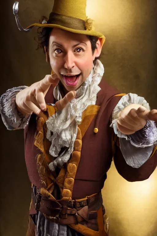 Image similar to Sam Riegel as Scanlan Shorthalt from Vox Machina, Halfling Bard, realistic cinematic shot, flipping you off using Bigby's Hand, subtle fog and mood lighting