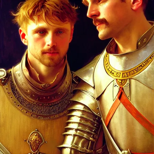 Image similar to attractive arthur pendragon and his attractive male knight, they are in love, natural lighting, path traced, highly detailed, high quality, digital painting, by gaston bussiere, craig mullins, alphonse mucha j. c. leyendecker