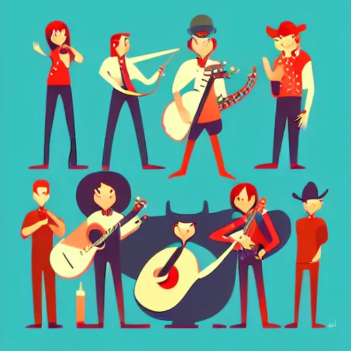 Image similar to 2 d character design, music group, vector art, digital art, portrait, 4 k, 8 k, sharp focus, smooth, illustration, concept art, country band