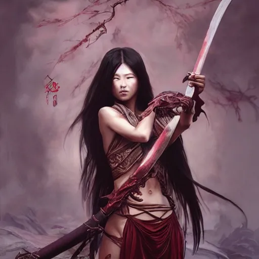 Prompt: painting of dark muscular oiled chinese woman, bloody, carrying a sword, symmetric, ultra realistic, concept art, intricate details, eerie, highly detailed, photorealistic, octane render, 8 k, unreal engine. art by artgerm and greg rutkowski and alphonse mucha
