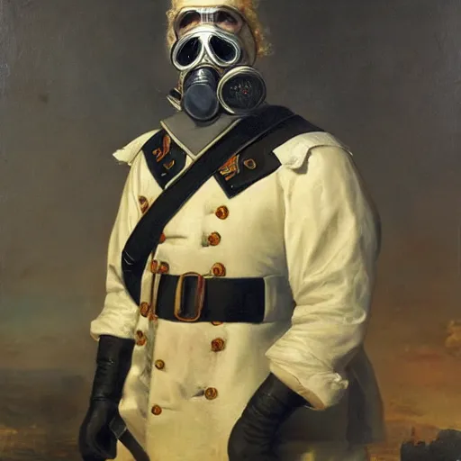 Prompt: an 1800's admiral wearing a gp5 gasmask, portrait, oil painting, high detail