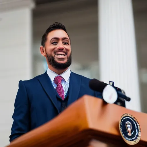 Image similar to a fox animal dressed in a suit giving a presidential speech, 8 5 mm f / 1. 4