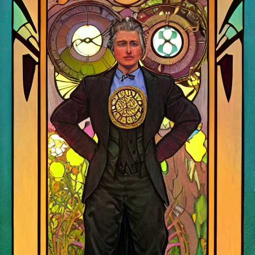 Image similar to a dramatic ethereal epic symmetrical painting of a handsome hilary clinton | tarot card, art deco, art nouveau, steampunk, realistic | by louis comfort tiffany and alphonse mucha | trending on artstation