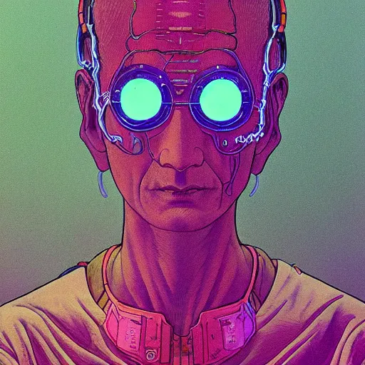 Prompt: moebius portrait of a zen EEG meditator, cyberpunk science fiction, ultra detailed nostalgic facial expression somewhere between pain and love, electrodes on scalp, incredible illustration